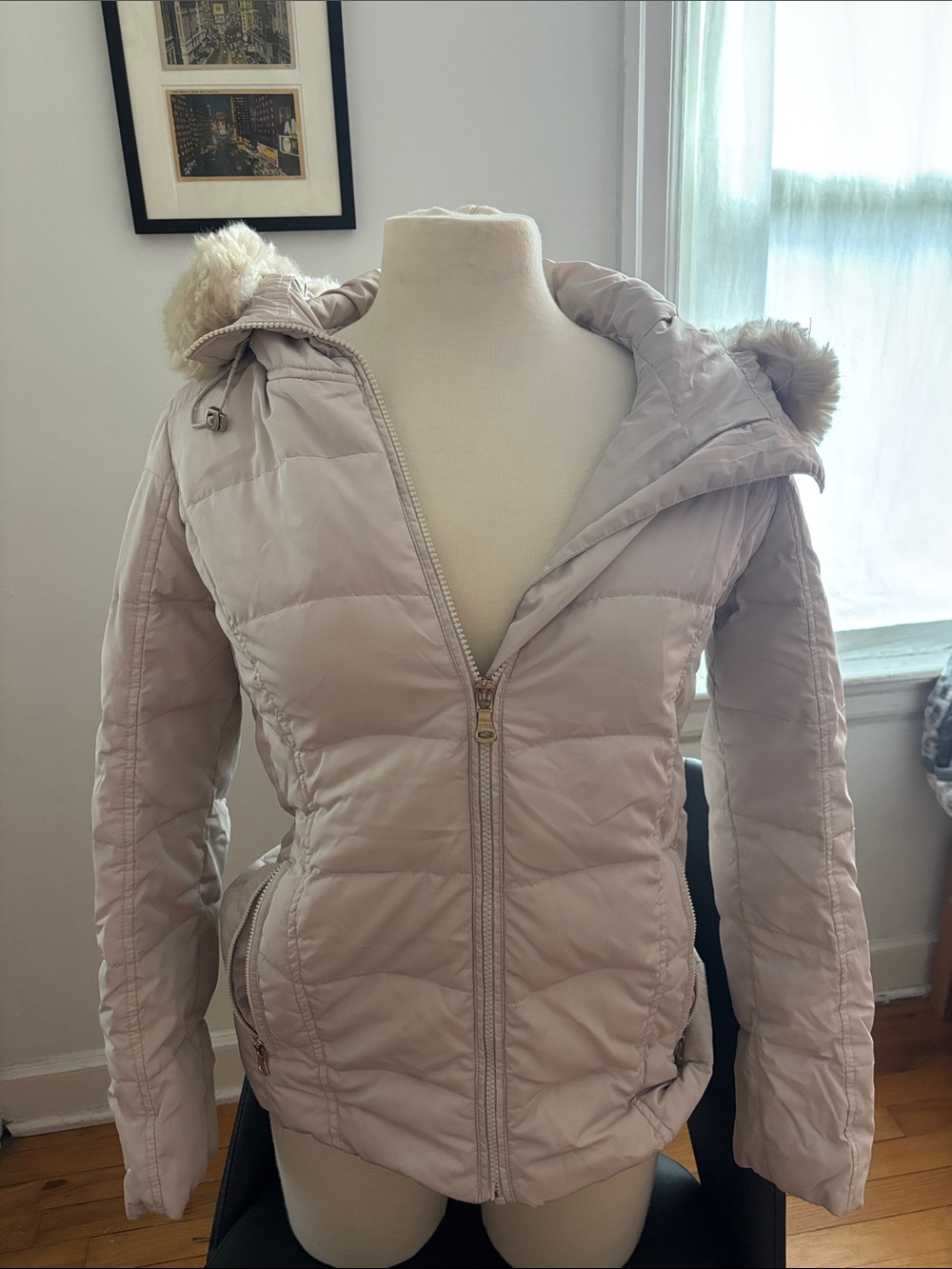Womens Light Beige Quilted Hooded Puffer Jacket